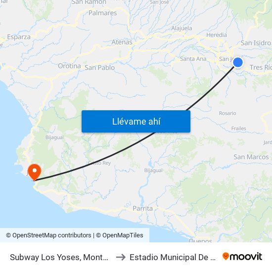 Subway Los Yoses, Montes De Oca to Estadio Municipal De Garabito map