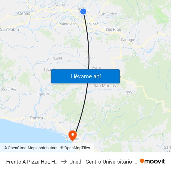 Frente A Pizza Hut, Heredia to Uned - Centro Universitario Quepos map