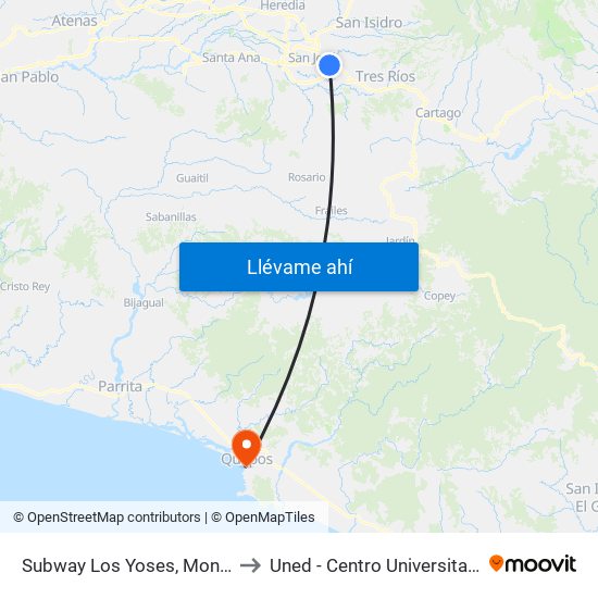 Subway Los Yoses, Montes De Oca to Uned - Centro Universitario Quepos map