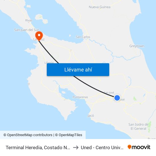 Terminal Heredia, Costado Norte Mercado Heredia to Uned - Centro Universitario La Cruz map