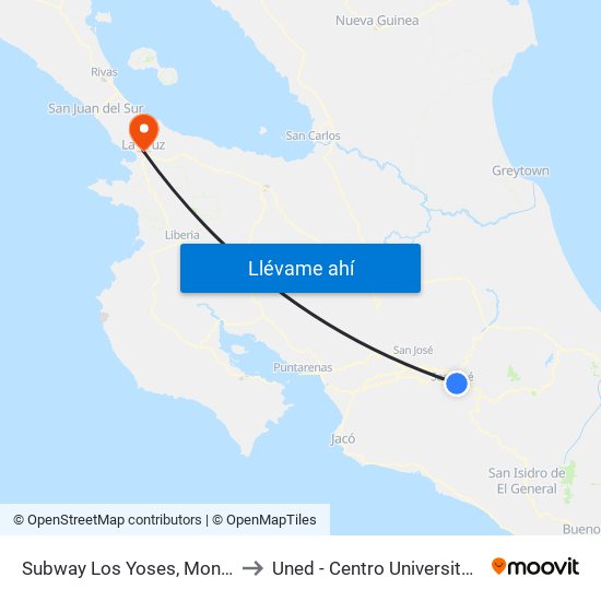Subway Los Yoses, Montes De Oca to Uned - Centro Universitario La Cruz map