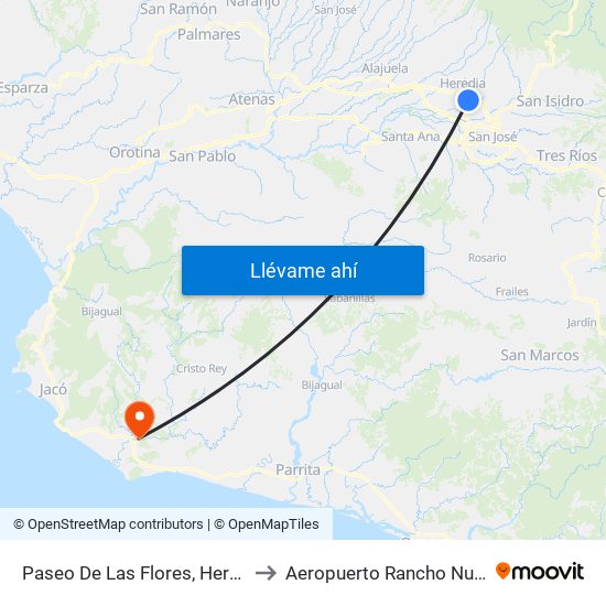 Paseo De Las Flores, Heredia to Aeropuerto Rancho Nuevo map