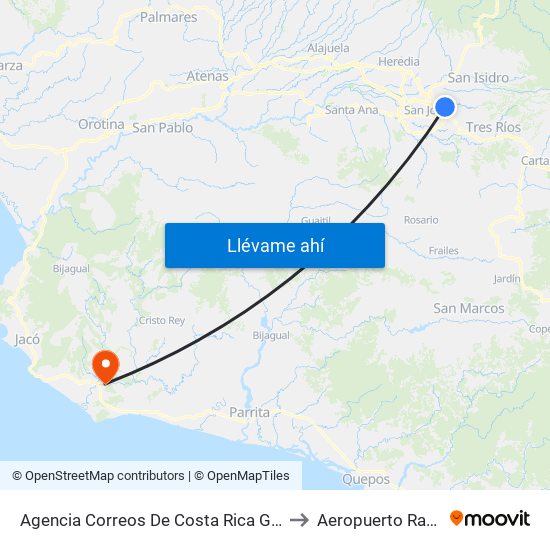 Agencia Correos De Costa Rica Guadalupe, Goicoechea to Aeropuerto Rancho Nuevo map