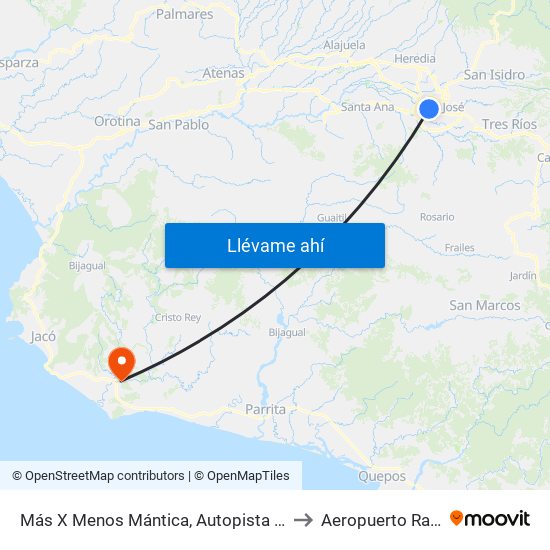 Más X Menos Mántica, Autopista General Cañas San José to Aeropuerto Rancho Nuevo map