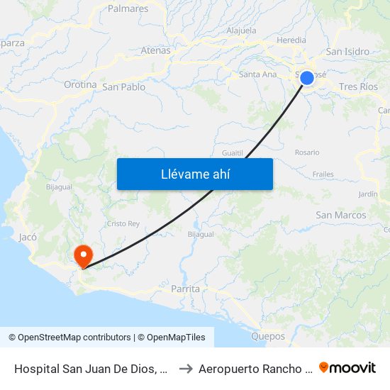 Hospital San Juan De Dios, San José to Aeropuerto Rancho Nuevo map
