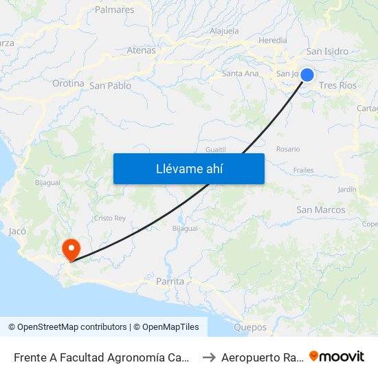 Frente A Facultad Agronomía Campus Ucr, Montes De Oca to Aeropuerto Rancho Nuevo map