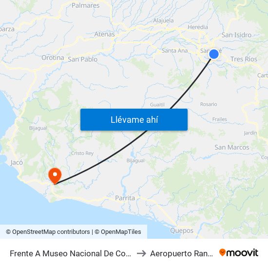 Frente A  Museo Nacional De Costa Rica, San José to Aeropuerto Rancho Nuevo map