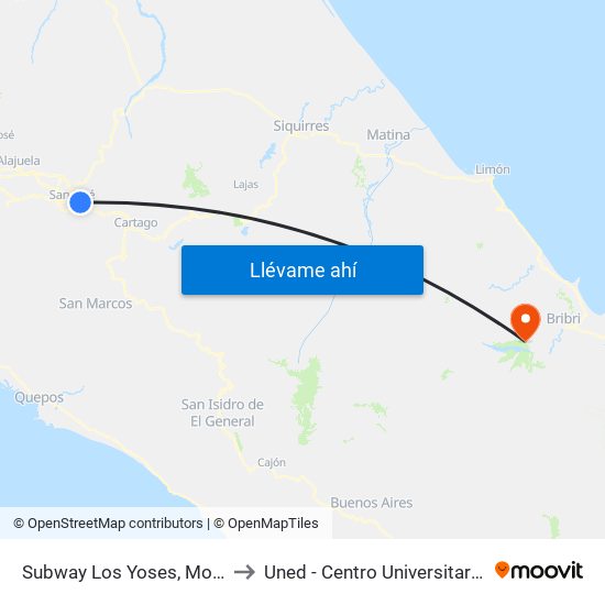 Subway Los Yoses, Montes De Oca to Uned - Centro Universitario Talamanca map