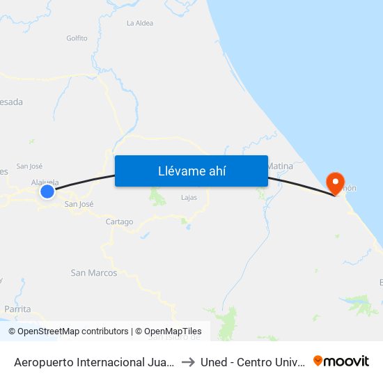 Aeropuerto Internacional Juan Santamaría, Alajuela to Uned - Centro Universitario Limón map