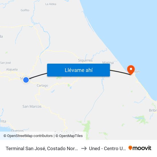 Terminal San José, Costado Norte Oficinas Ministerio De Hacienda to Uned - Centro Universitario Limón map