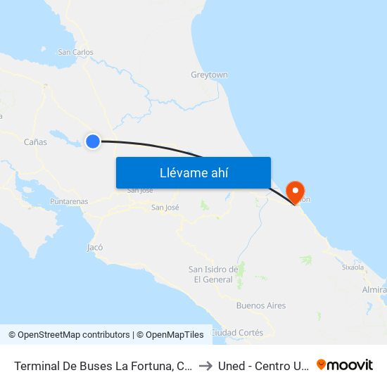 Terminal De Buses La Fortuna, Contiguo A Megasuper La Fortuna to Uned - Centro Universitario Limón map