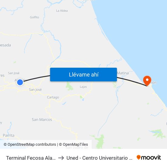 Terminal Fecosa Alajuela to Uned - Centro Universitario Limón map