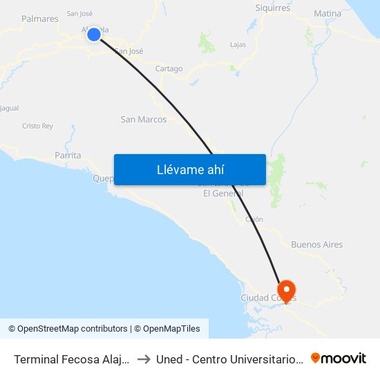 Terminal Fecosa Alajuela to Uned - Centro Universitario Osa map