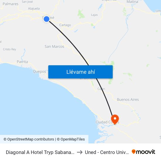 Diagonal A Hotel Tryp Sabana, Mántica San José to Uned - Centro Universitario Osa map