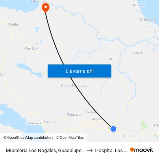 Mueblería Los Nogales, Guadalupe Goicoechea to Hospital Los Chiles map