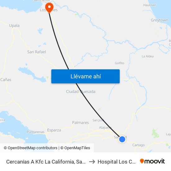Cercanías A Kfc La California, San José to Hospital Los Chiles map