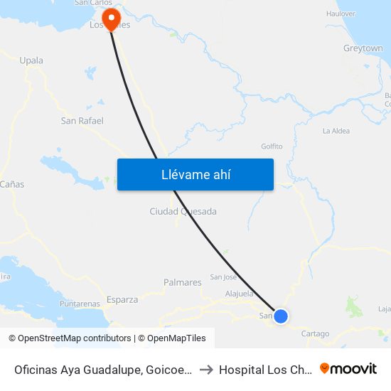Oficinas Aya Guadalupe, Goicoechea to Hospital Los Chiles map