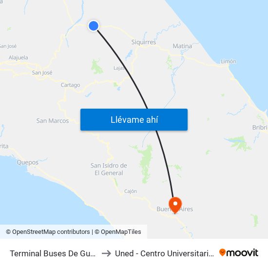 Terminal Buses De Guápiles, Pococí to Uned - Centro Universitario Buenos Aires map