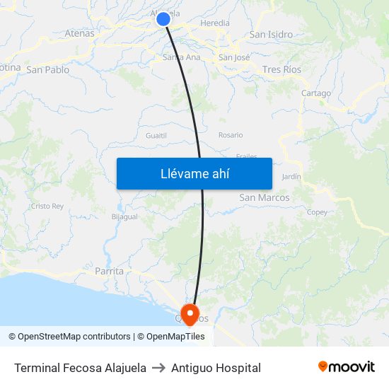 Terminal Fecosa Alajuela to Antiguo Hospital map