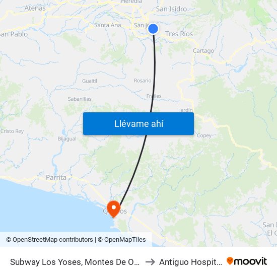 Subway Los Yoses, Montes De Oca to Antiguo Hospital map