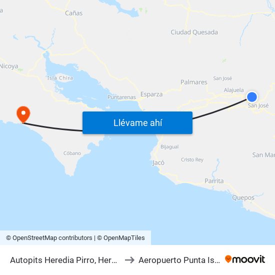 Autopits Heredia Pirro, Heredia to Aeropuerto Punta Islita map