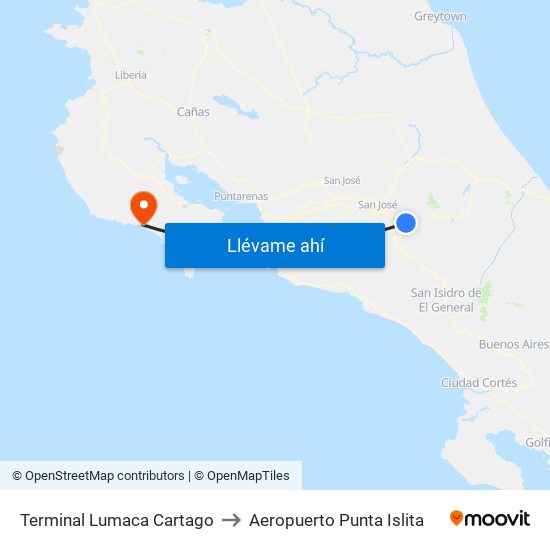 Terminal Lumaca Cartago to Aeropuerto Punta Islita map