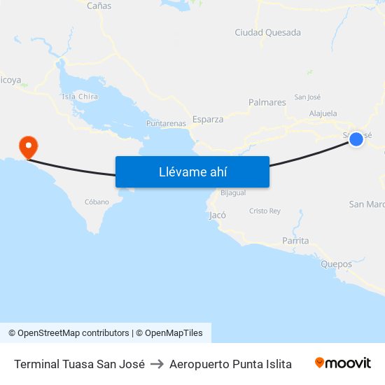 Terminal Tuasa San José to Aeropuerto Punta Islita map