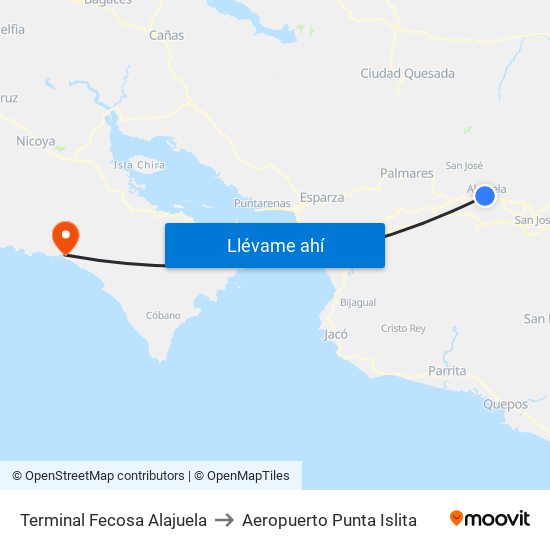 Terminal Fecosa Alajuela to Aeropuerto Punta Islita map