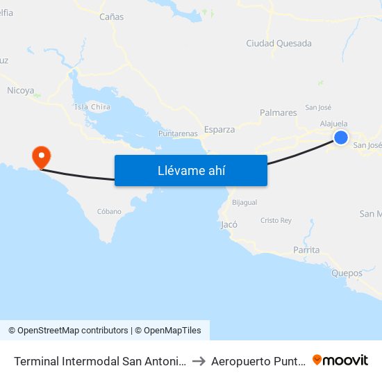 Terminal Intermodal San Antonio De Belén to Aeropuerto Punta Islita map