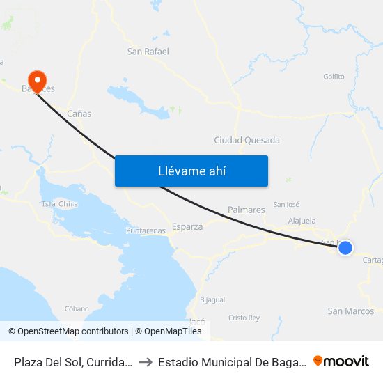 Plaza Del Sol, Curridabat to Estadio Municipal De Bagaces map