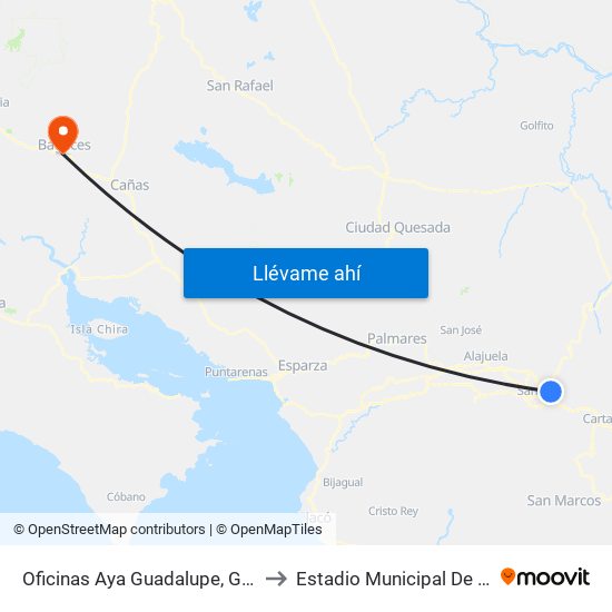 Oficinas Aya Guadalupe, Goicoechea to Estadio Municipal De Bagaces map