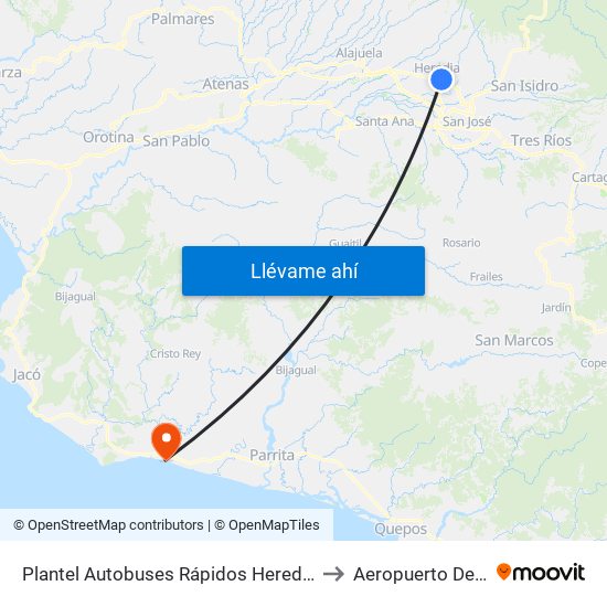 Plantel Autobuses Rápidos Heredianos, Pirro Heredia to Aeropuerto De Esterillos map