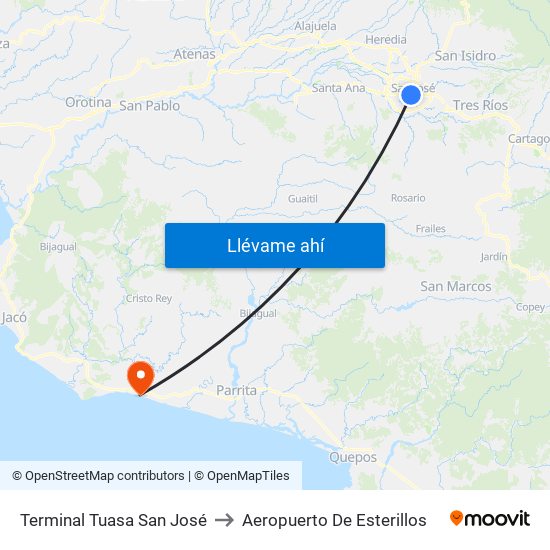 Terminal Tuasa San José to Aeropuerto De Esterillos map