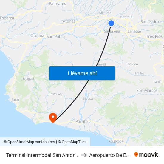 Terminal Intermodal San Antonio De Belén to Aeropuerto De Esterillos map