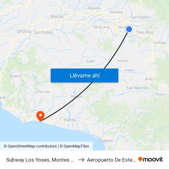 Subway Los Yoses, Montes De Oca to Aeropuerto De Esterillos map