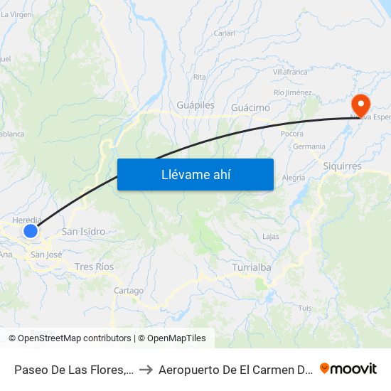 Paseo De Las Flores, Heredia to Aeropuerto De El Carmen De Siquirres map