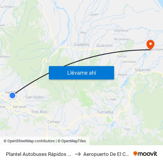 Plantel Autobuses Rápidos Heredianos, Pirro Heredia to Aeropuerto De El Carmen De Siquirres map