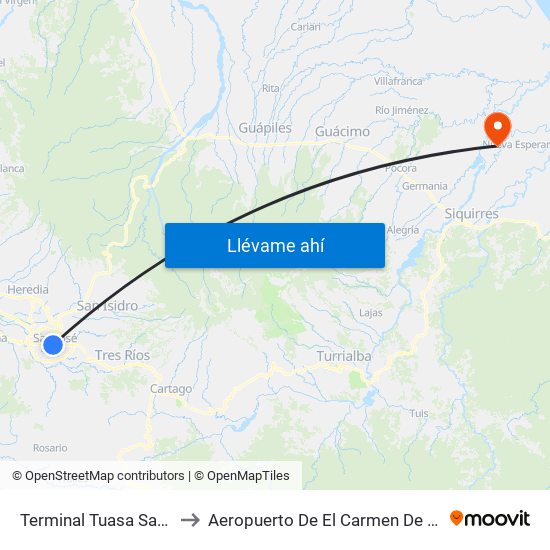 Terminal Tuasa San José to Aeropuerto De El Carmen De Siquirres map