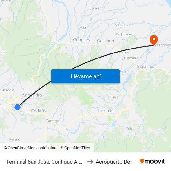 Terminal San José, Contiguo A Agencia Western Union Avenida Segunda to Aeropuerto De El Carmen De Siquirres map