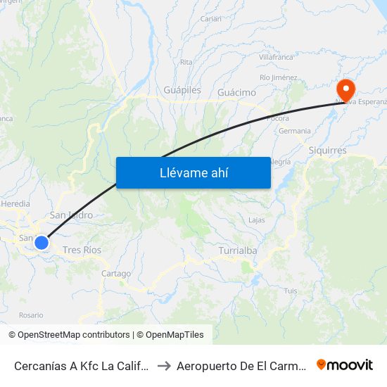 Cercanías A Kfc La California, San José to Aeropuerto De El Carmen De Siquirres map