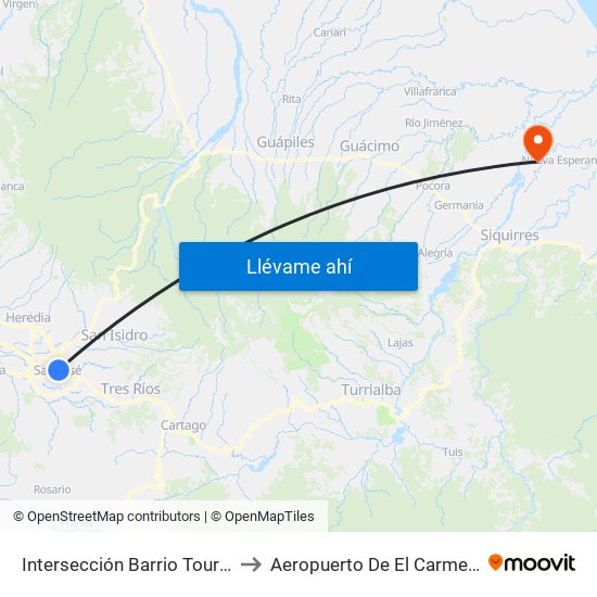 Intersección Barrio Tournon, San José to Aeropuerto De El Carmen De Siquirres map