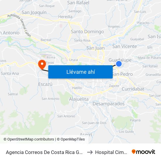 Agencia Correos De Costa Rica Guadalupe, Goicoechea to Hospital Cima San José map
