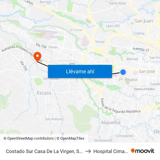 Costado Sur Casa De La Virgen, San Bosco San José to Hospital Cima San José map