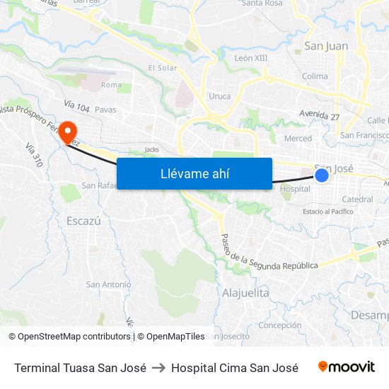 Terminal Tuasa San José to Hospital Cima San José map