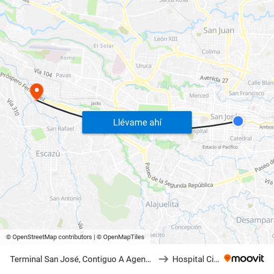 Terminal San José, Contiguo A Agencia Western Union Avenida Segunda to Hospital Cima San José map