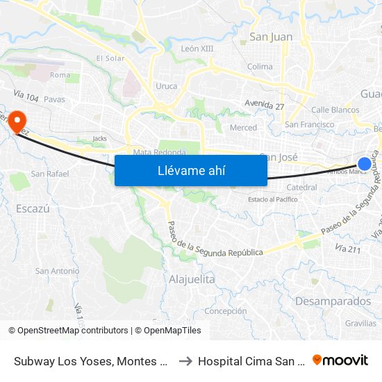 Subway Los Yoses, Montes De Oca to Hospital Cima San José map