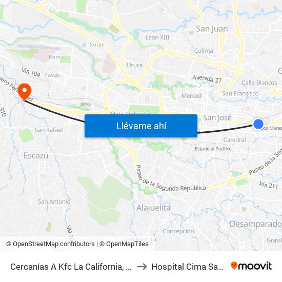 Cercanías A Kfc La California, San José to Hospital Cima San José map