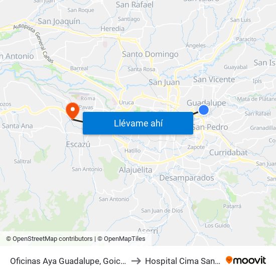 Oficinas Aya Guadalupe, Goicoechea to Hospital Cima San José map