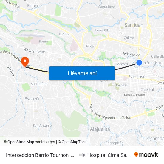 Intersección Barrio Tournon, San José to Hospital Cima San José map