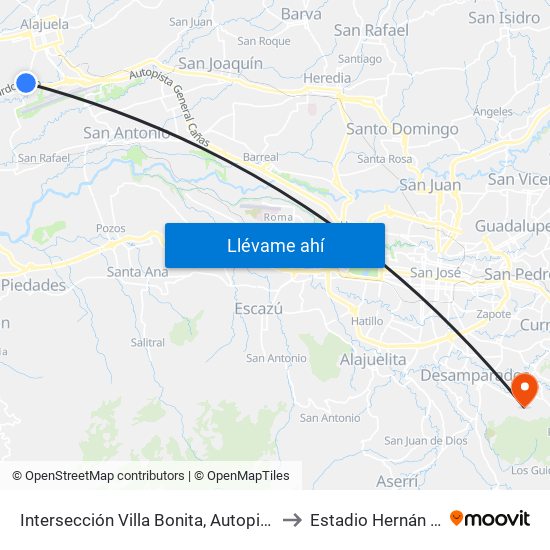 Intersección Villa Bonita, Autopista Bernardo Soto Alajuela to Estadio Hernán ""Cuty"" Monge map